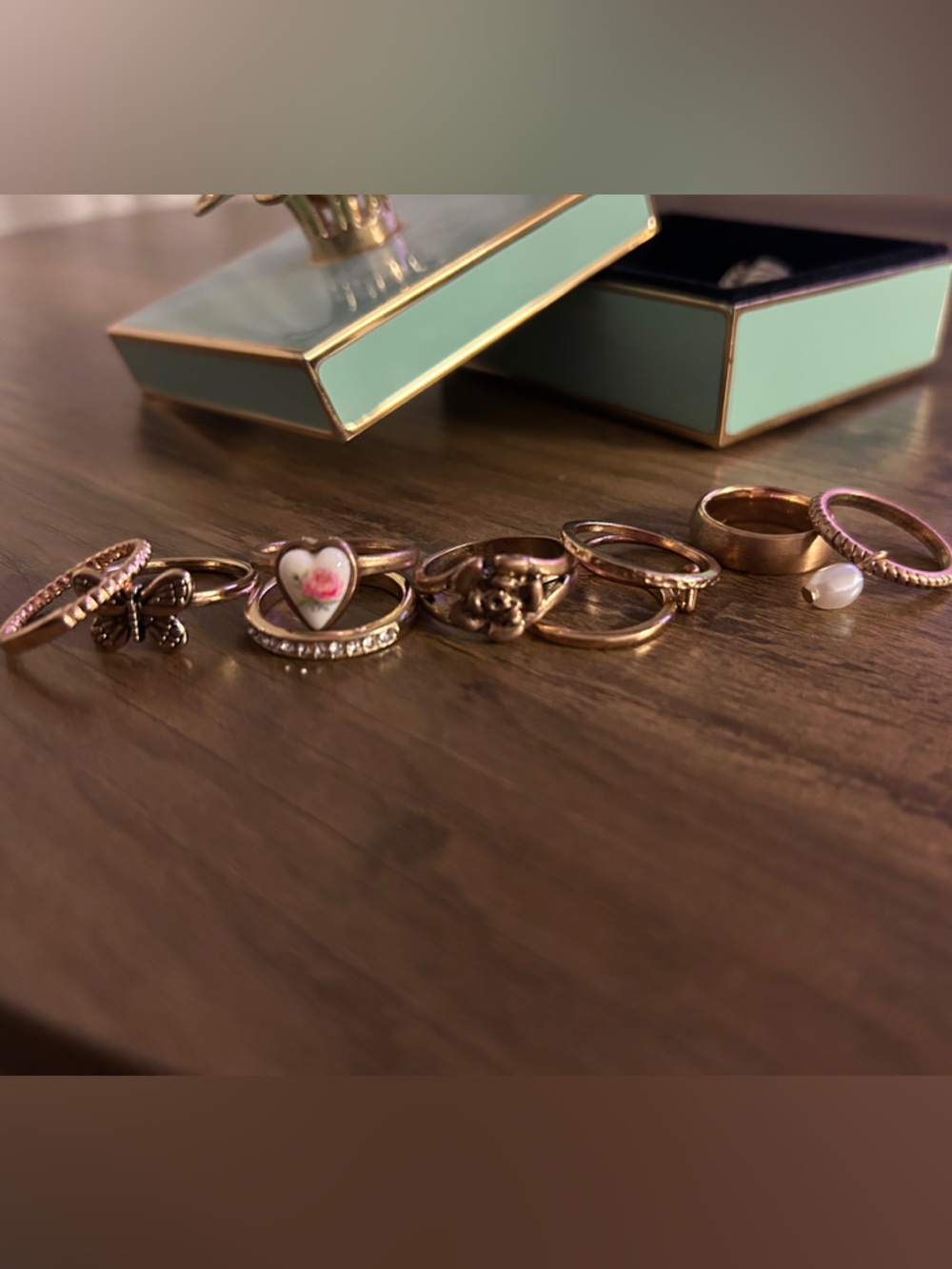 Gold-Tone Stackable Women's Rings Set with Pink Heart Accent - Picture 2 of 6